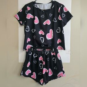 Black and Pink Heart Print Women's Pajama Set